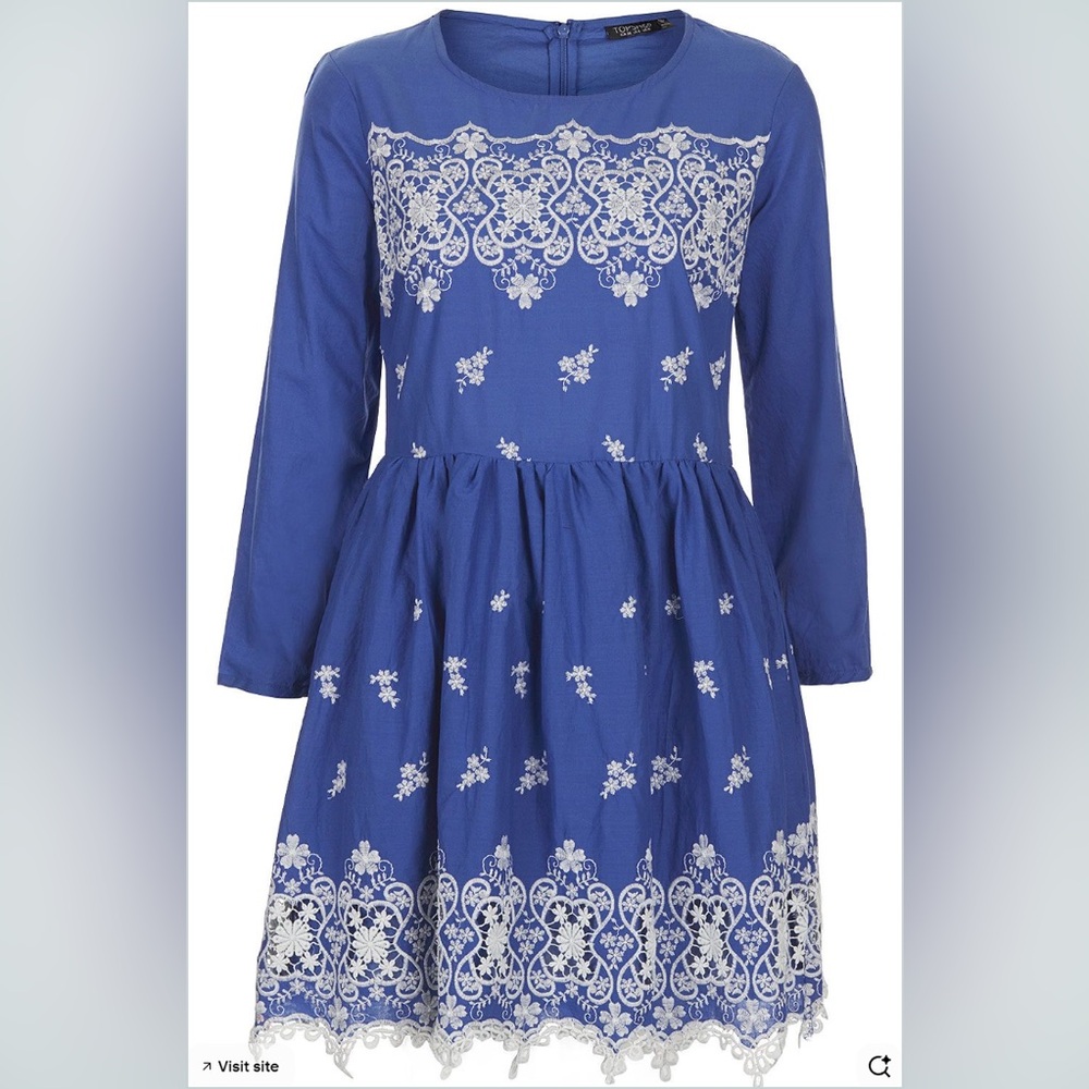 Topshop Blue with White Embroidery Eyelet Mini Dress Size: 6 - Cottagecore Lace